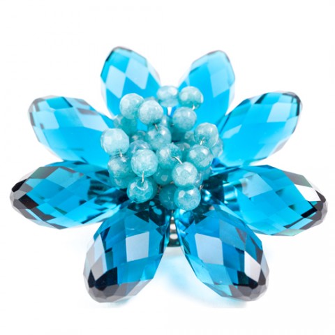 Lewanowicz TAJEMNICZY OGRÓD  niebieska BROSZKA kwiat z kamieni naturalnych i kryształów, ręcznie robiona 